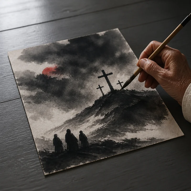 Three crosses on the hill, ink wash painting