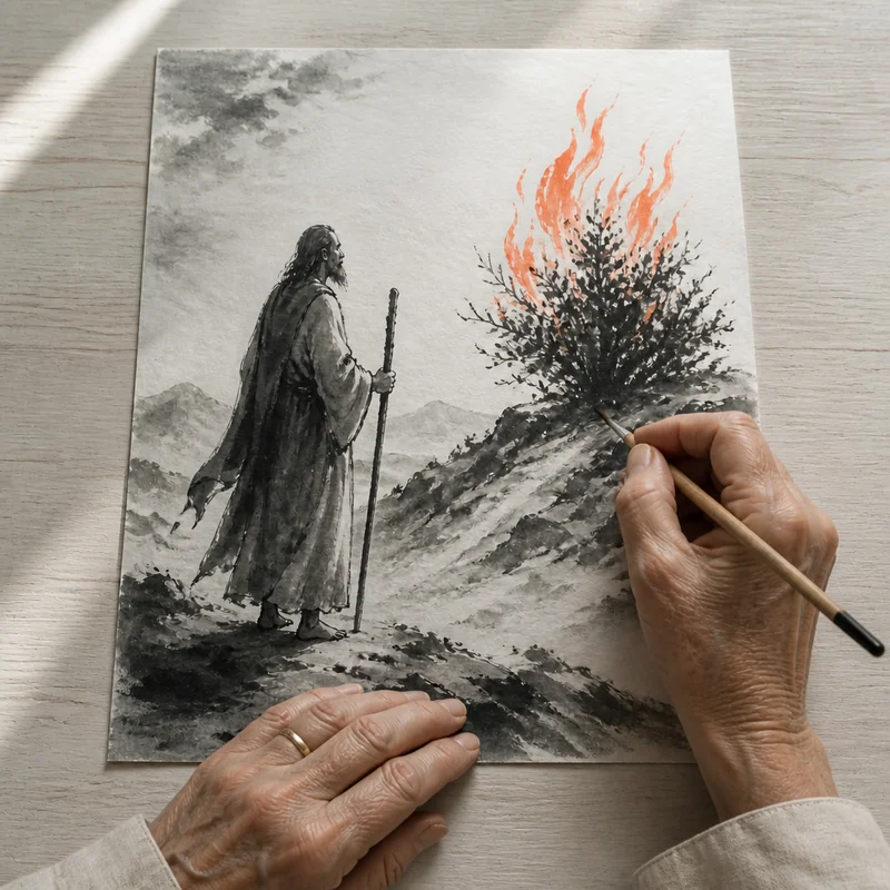 Moses and the burning bush in ink wash