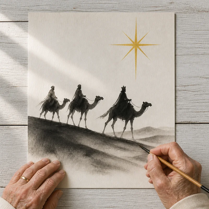 The magi following the star in ink wash
