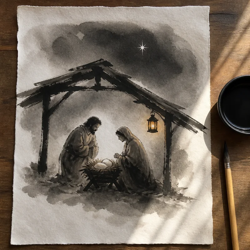The nativity in ink wash