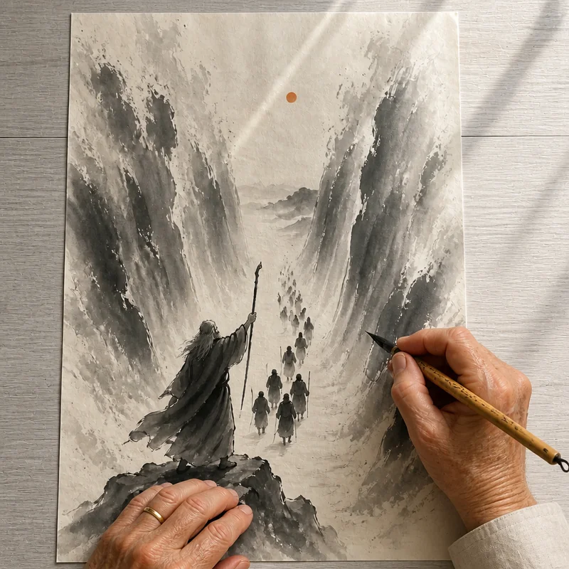 Jesus walking on the water, painted in ink wash